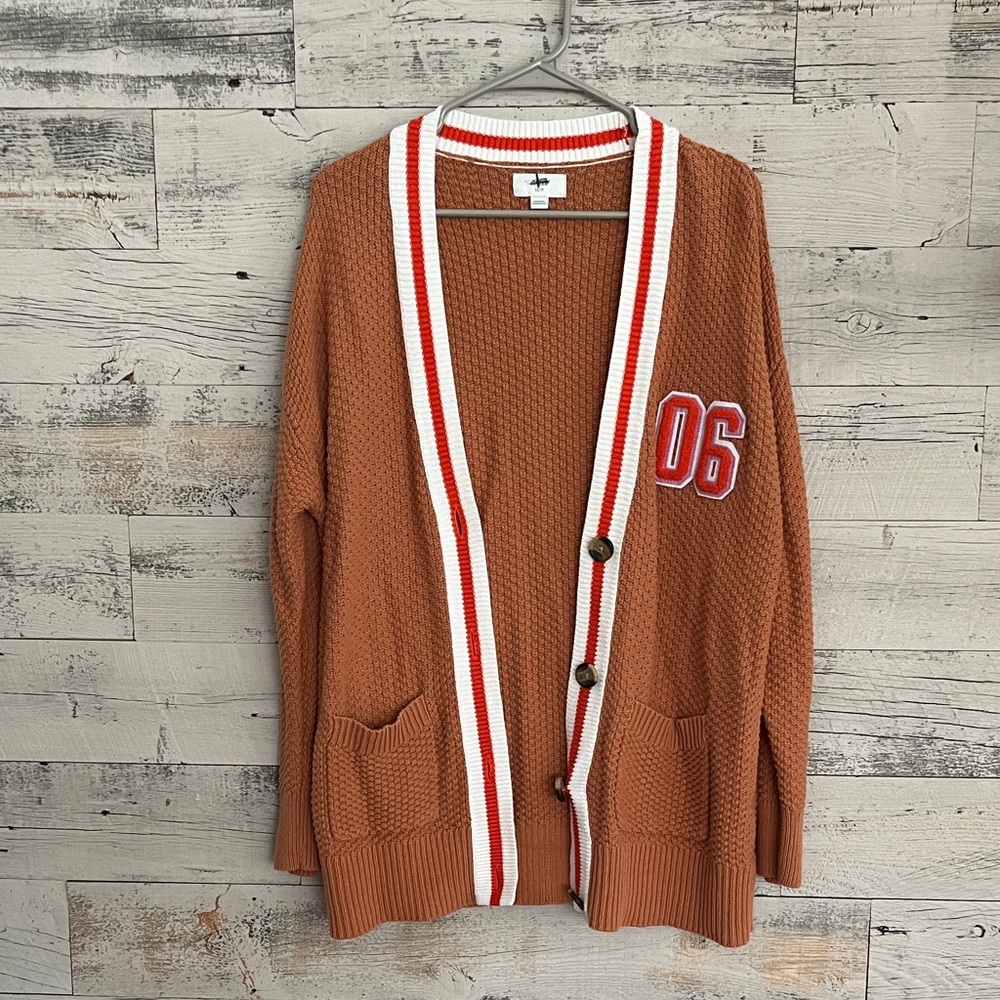 Aerie Tan Cardigan with orange and White Trim